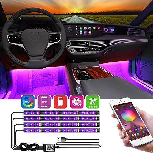 LED Innenbeleuchtung Auto,4pcs 48LED Atmosphäre Licht Auto RGB Strips wasserdichte Innenraumbeleuchtung,APP Steuerbare mit Musik Synchronisation,5V USB-Port